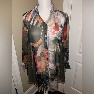 Feratelli Floral Print Lace Panel Button Front Shirt Hi-Low Size S